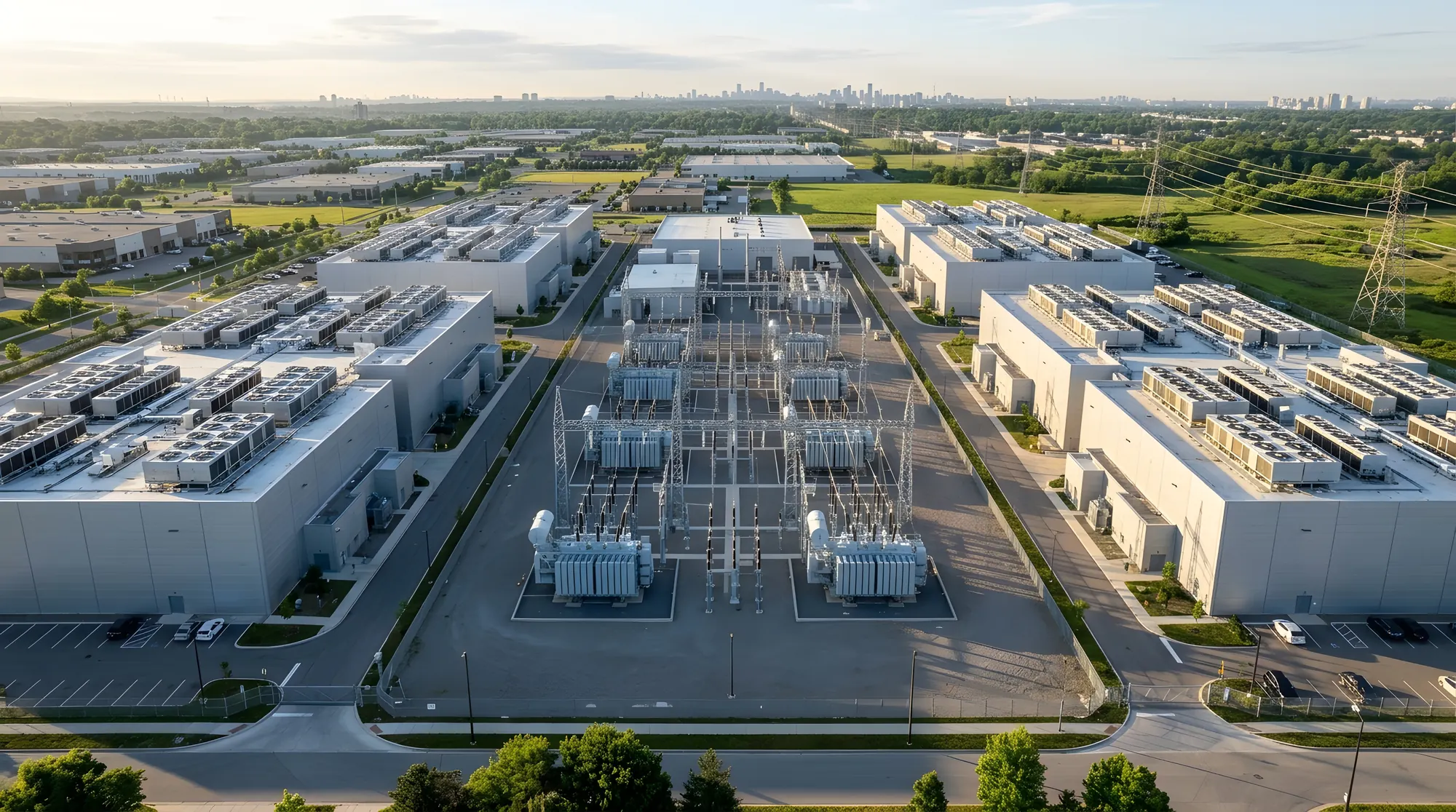 Aerial view of a large data center campus and its electrical substation