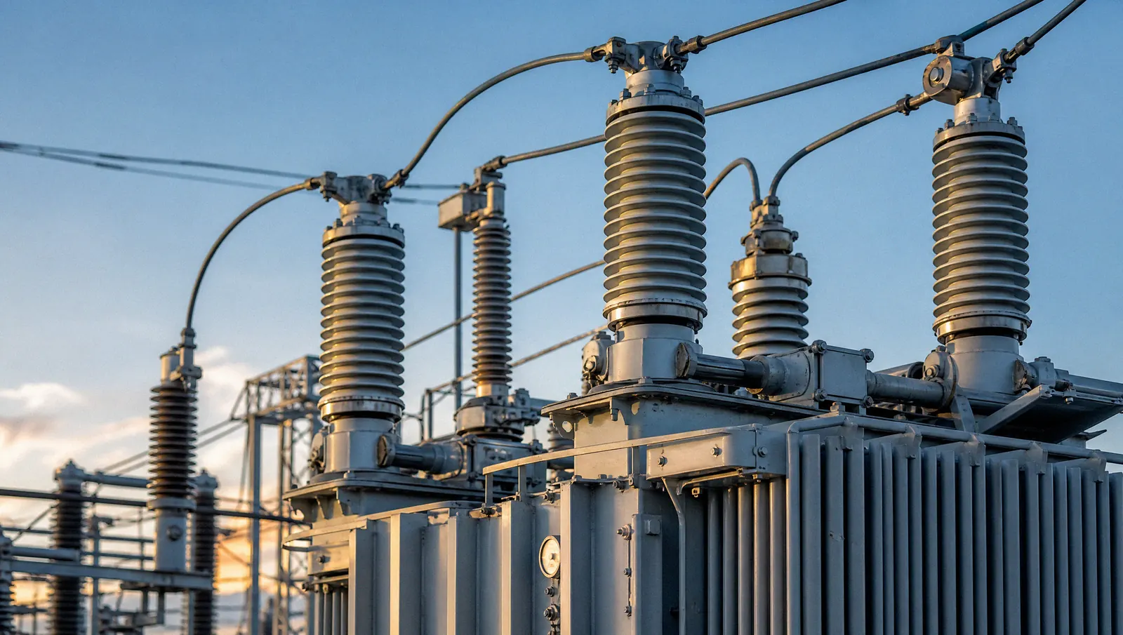 High-voltage transformer bushings at an electrical substation at sunset