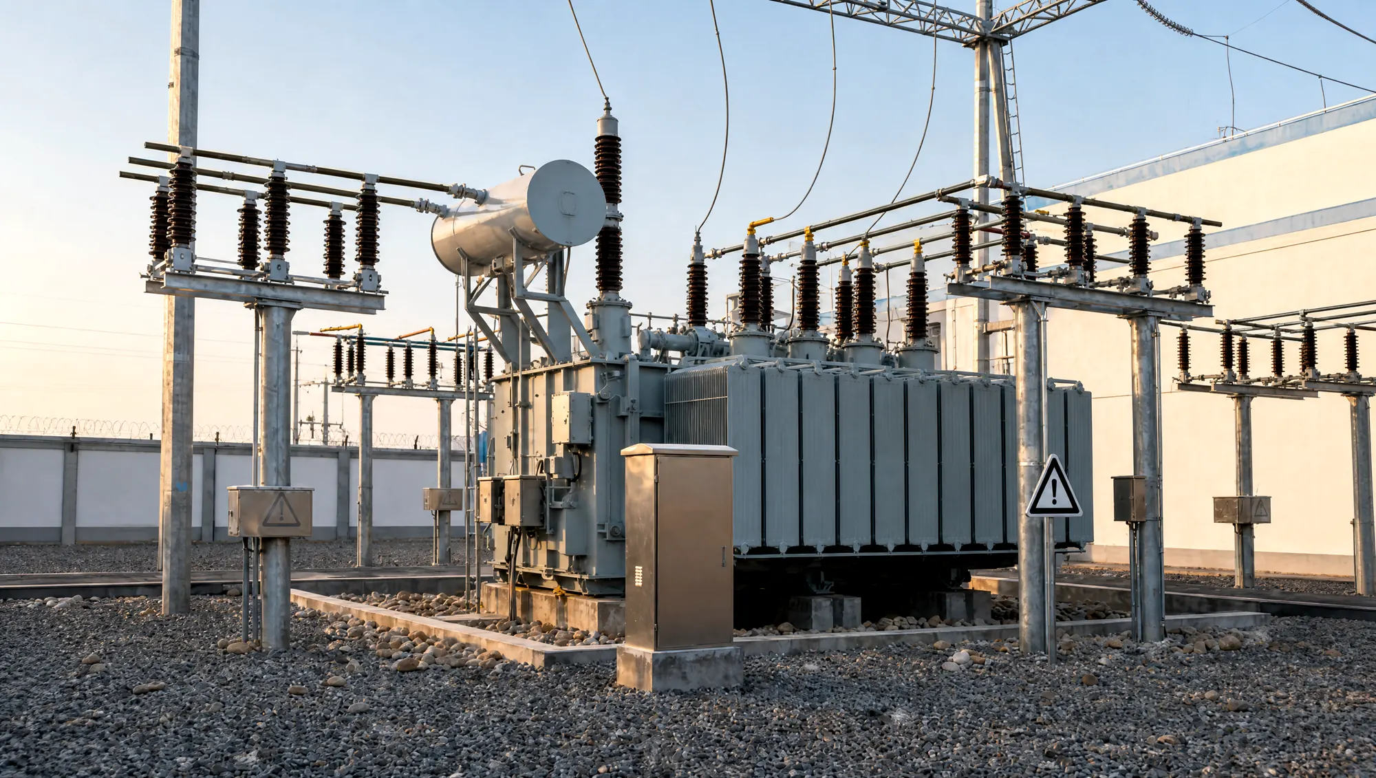 Power transformer and switchgear at a substation beside a data center building